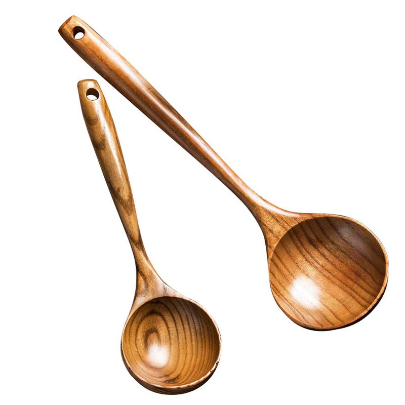 Renawe 2 Pcs Wooden Spoon Ladle for Cooking Spoons Best Non Toxic Kitchen Tools -14 inch Long Kitchen Cooking Utensil & 11 inch Best Wood Spoons Large Deep Ladle Serving Spoons Soup Ladles Set - Image 1
